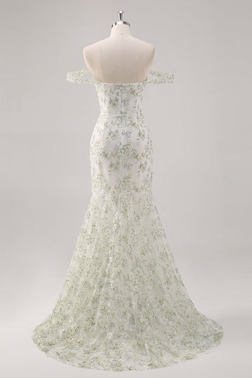 Mermaid White Green Flower Off The Shoulder Long Formal Dress